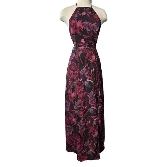 Fame And Partners Purple Floral Maxi Dress Halter Strappy Back High Slit Size 0 - Picture 3 of 13